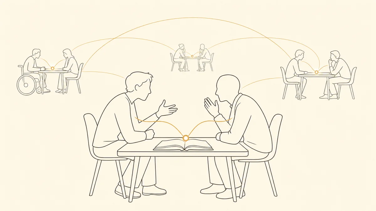 A line illustration of two learners facing each other across a table with an open book between them, mid-argument, while further pairs in the background are linked to them by arcing lines.