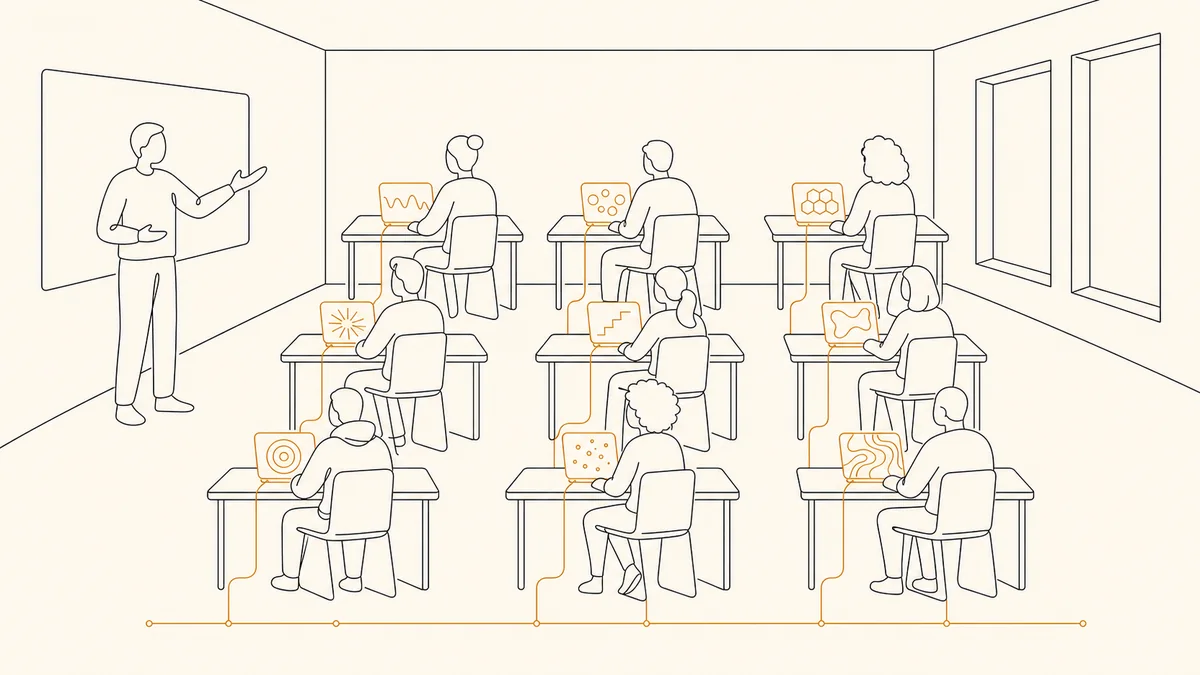 A line illustration of a classroom: a teacher at the board, and rows of students each working with a small screen showing a different pattern, every screen wired into one shared line running along the floor.