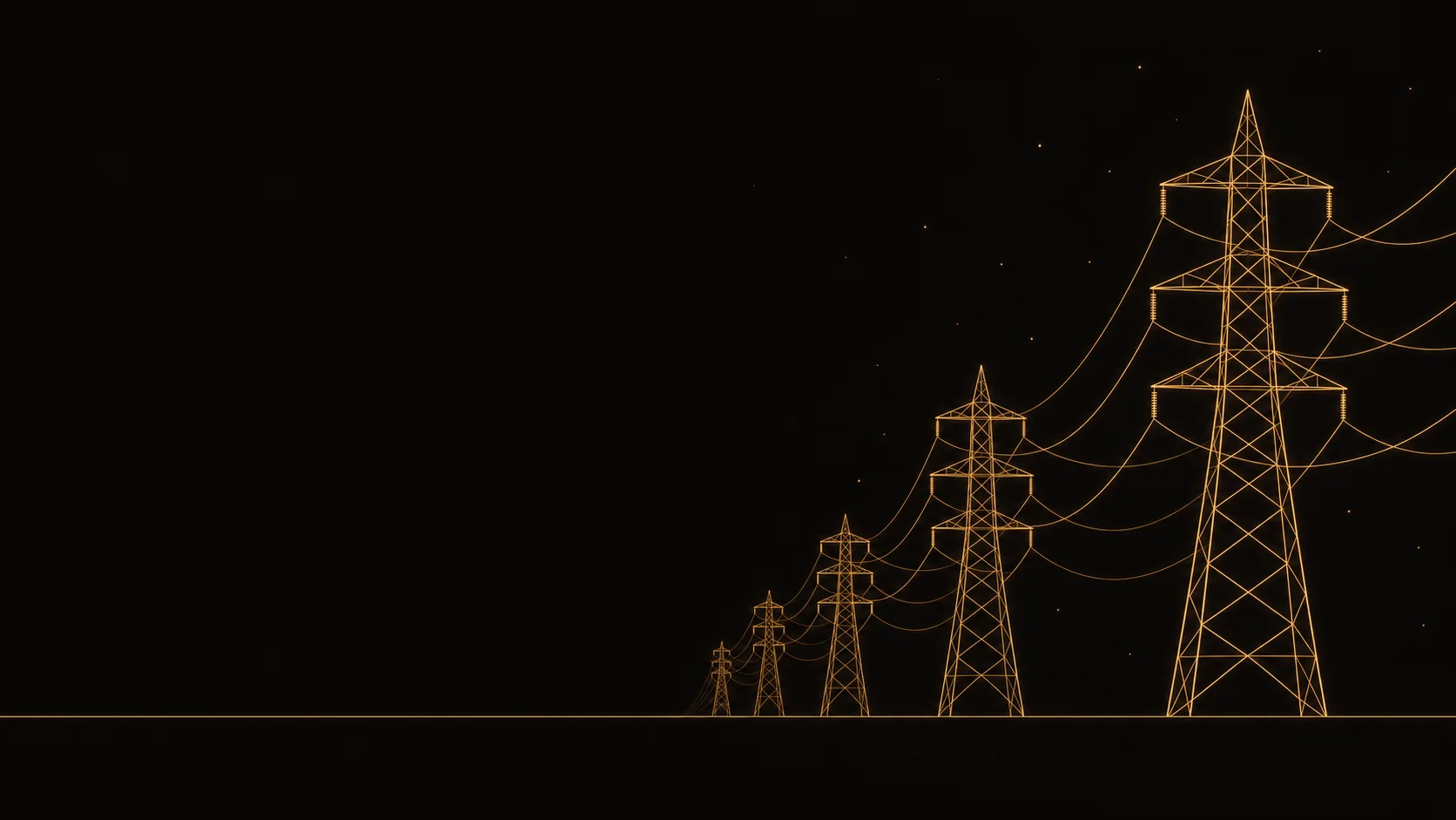 A line drawing of a row of electrical transmission pylons receding into the distance, drawn in amber light against a dark sky.