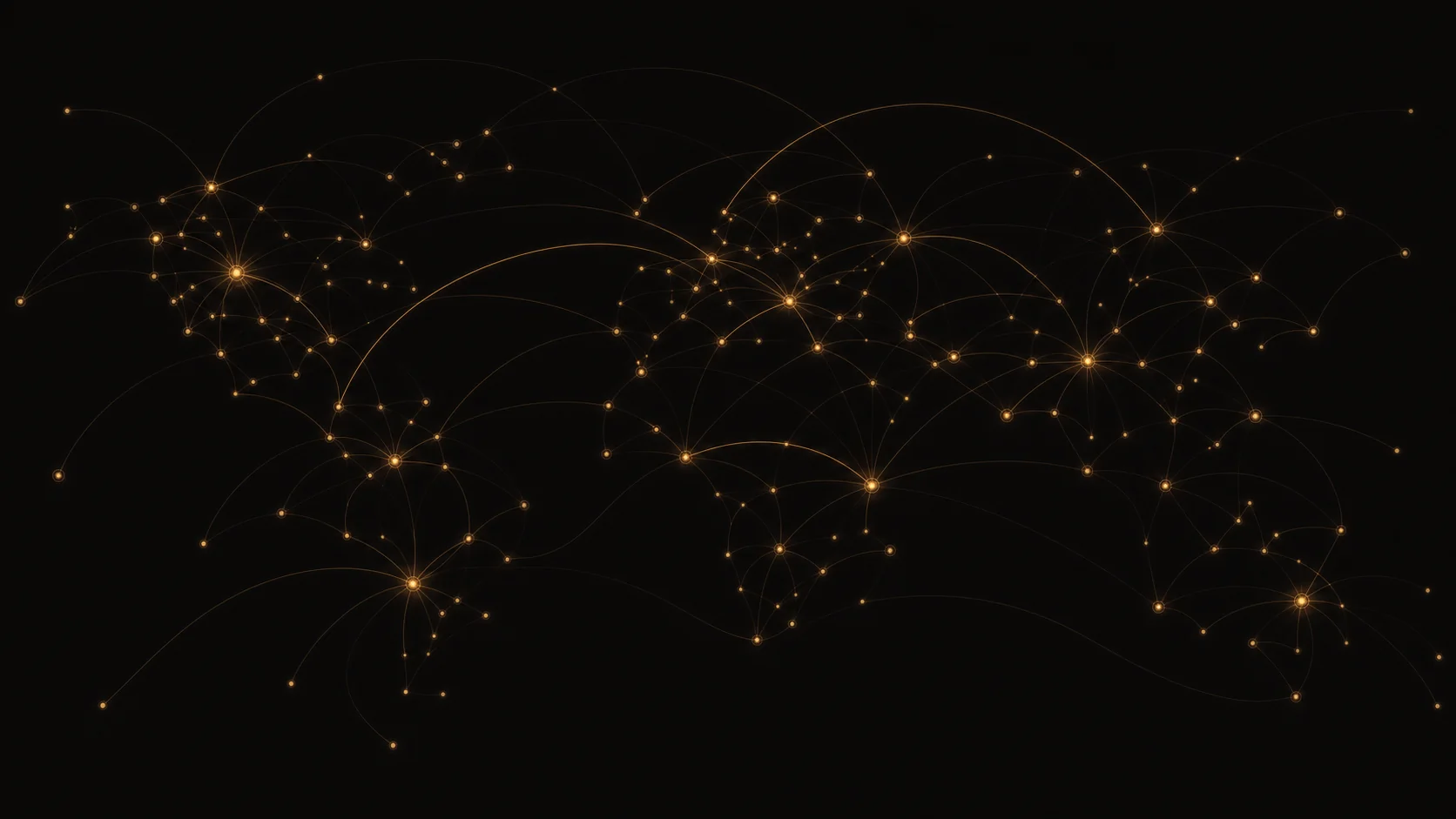 A dark map of many small points of amber light in loose clusters, joined by long arcs that reach out to isolated single points at the edges.